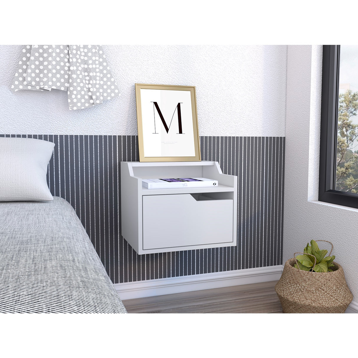 Mesa de Noche Busan 40x33cm Blanco Flotante con Un Cajón - Mesas de Noche | Bylmo