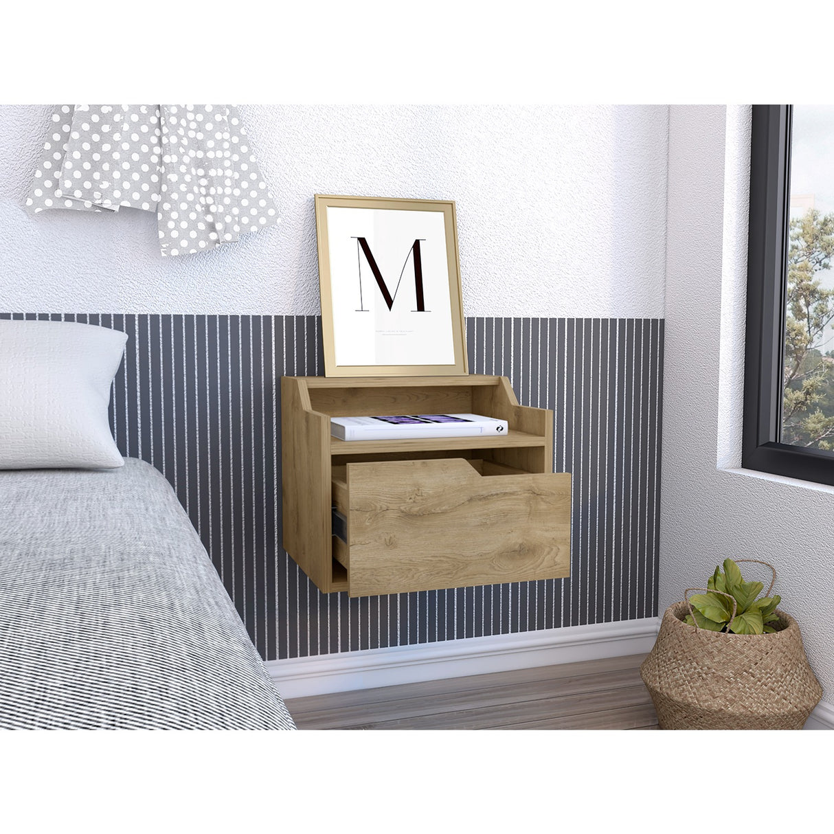 Mesa de Noche Busan 40x33cm Macadamia Flotante con Un Cajón - Mesas de Noche | Bylmo