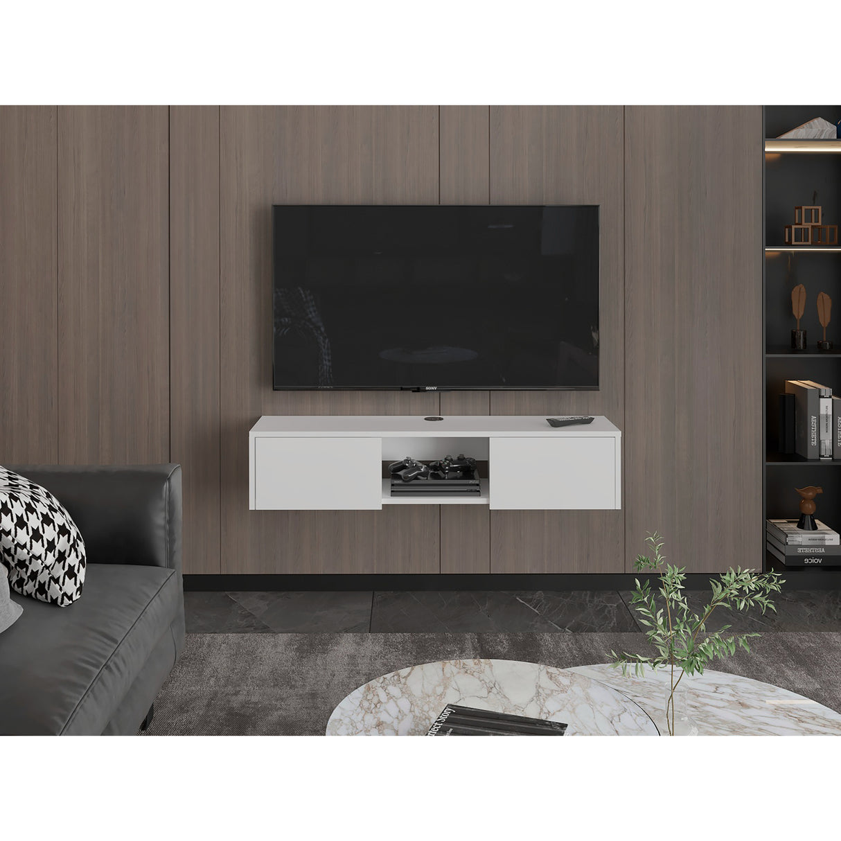 Repisa para TV Glen 125.1x26.8cm Blanco Flotante con Dos Cajones - Muebles de TV | Bylmo