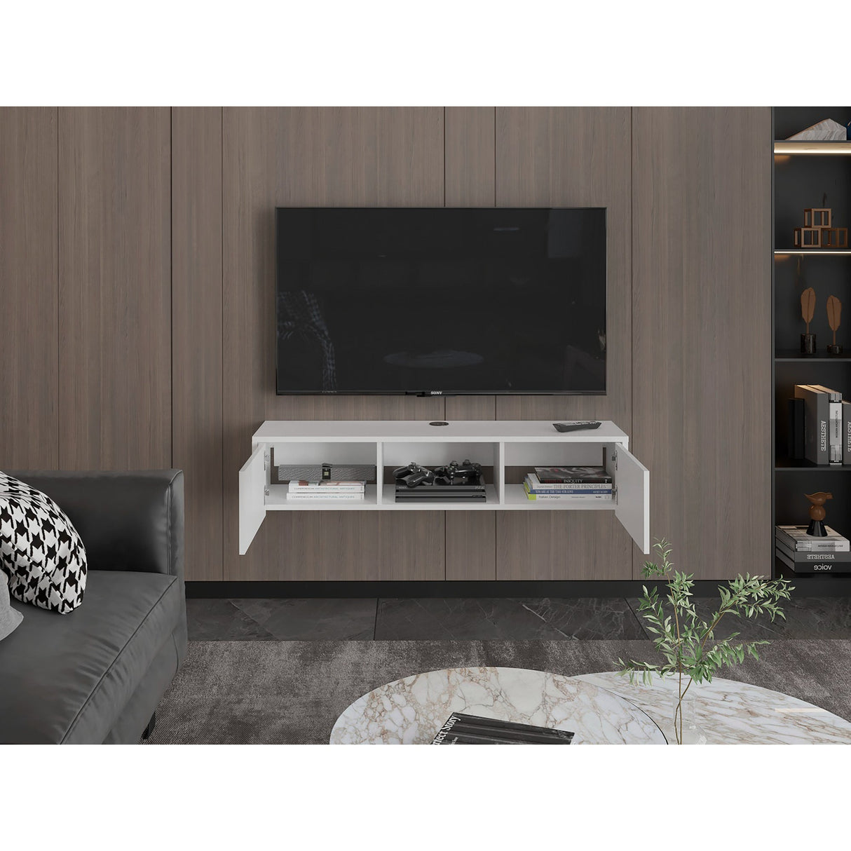 Repisa para TV Glen 125.1x26.8cm Blanco Flotante con Dos Cajones