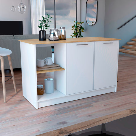 Isla de Cocina Juniper 150x90cm Blanco con Entrepaños - Barras y Muebles Auxiliares | Bylmo