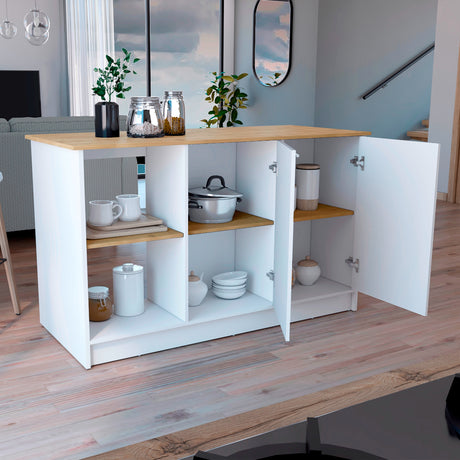 Isla de Cocina Juniper 150x90cm Blanco con Entrepaños - Barras y Muebles Auxiliares | Bylmo