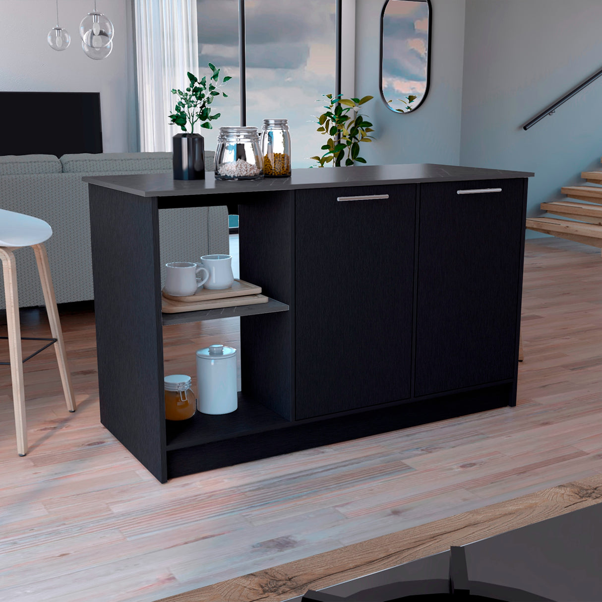 Isla de Cocina Juniper 150x90cm Wengue con 3 Entrepaños - Barras y Muebles Auxiliares | Bylmo