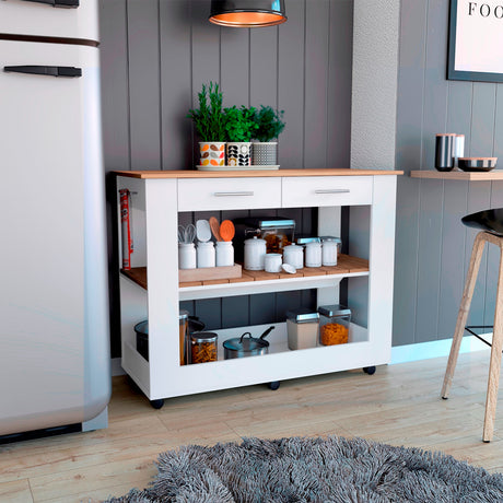 Isla de Cocina Cala 116.8x92.7cm Blanco con Entrepaño y Rodachinas - Barras y Muebles Auxiliares | Bylmo