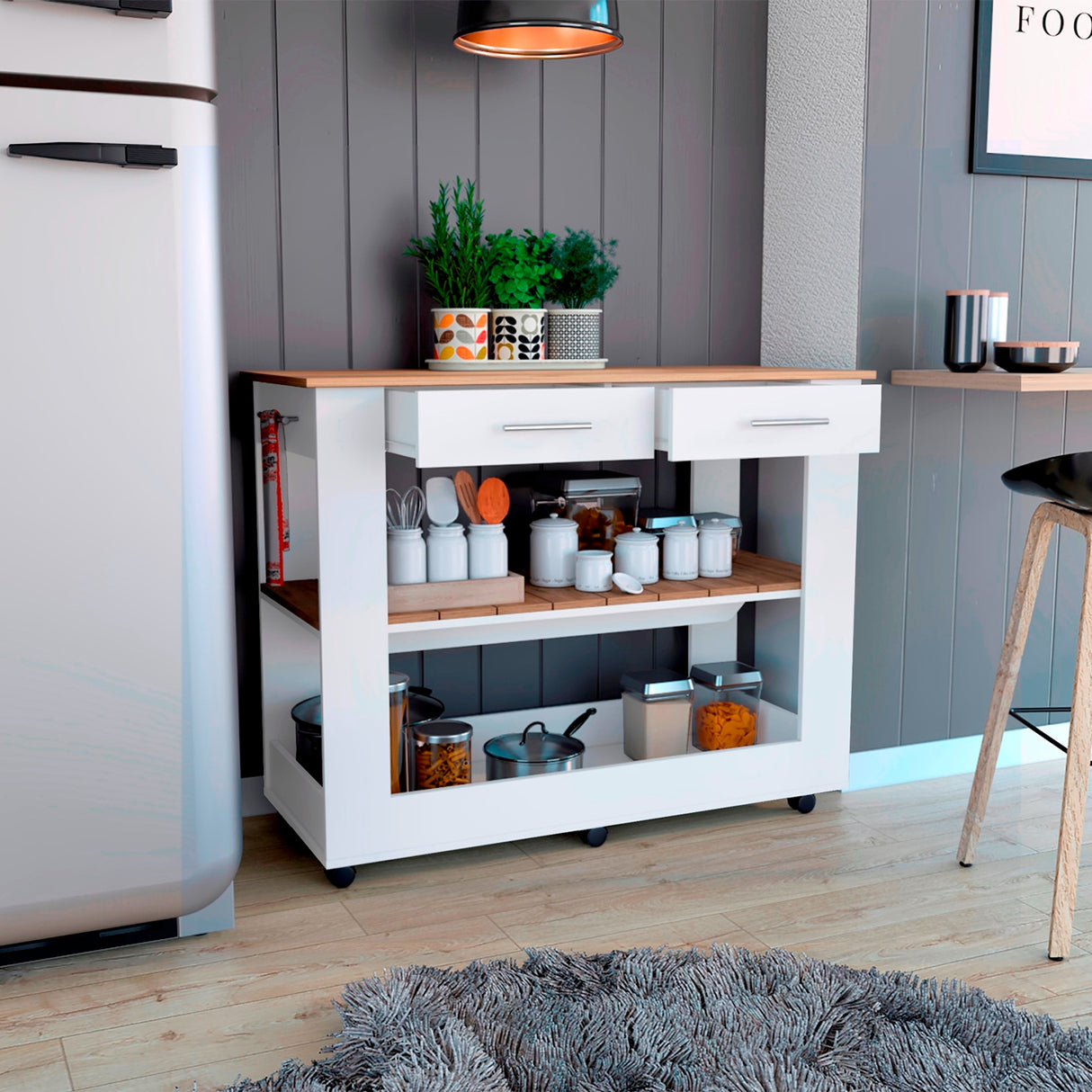 Isla de Cocina Cala 116.8x92.7cm Blanco con Entrepaño y Rodachinas - Barras y Muebles Auxiliares | Bylmo