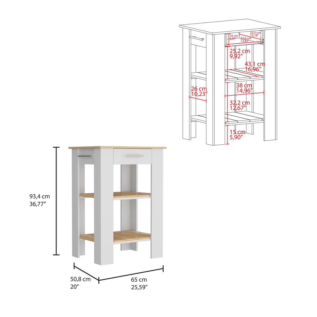 Isla de Cocina Cala 65x93.4cm Blanco con Entrepaños - Barras y Muebles Auxiliares | Bylmo