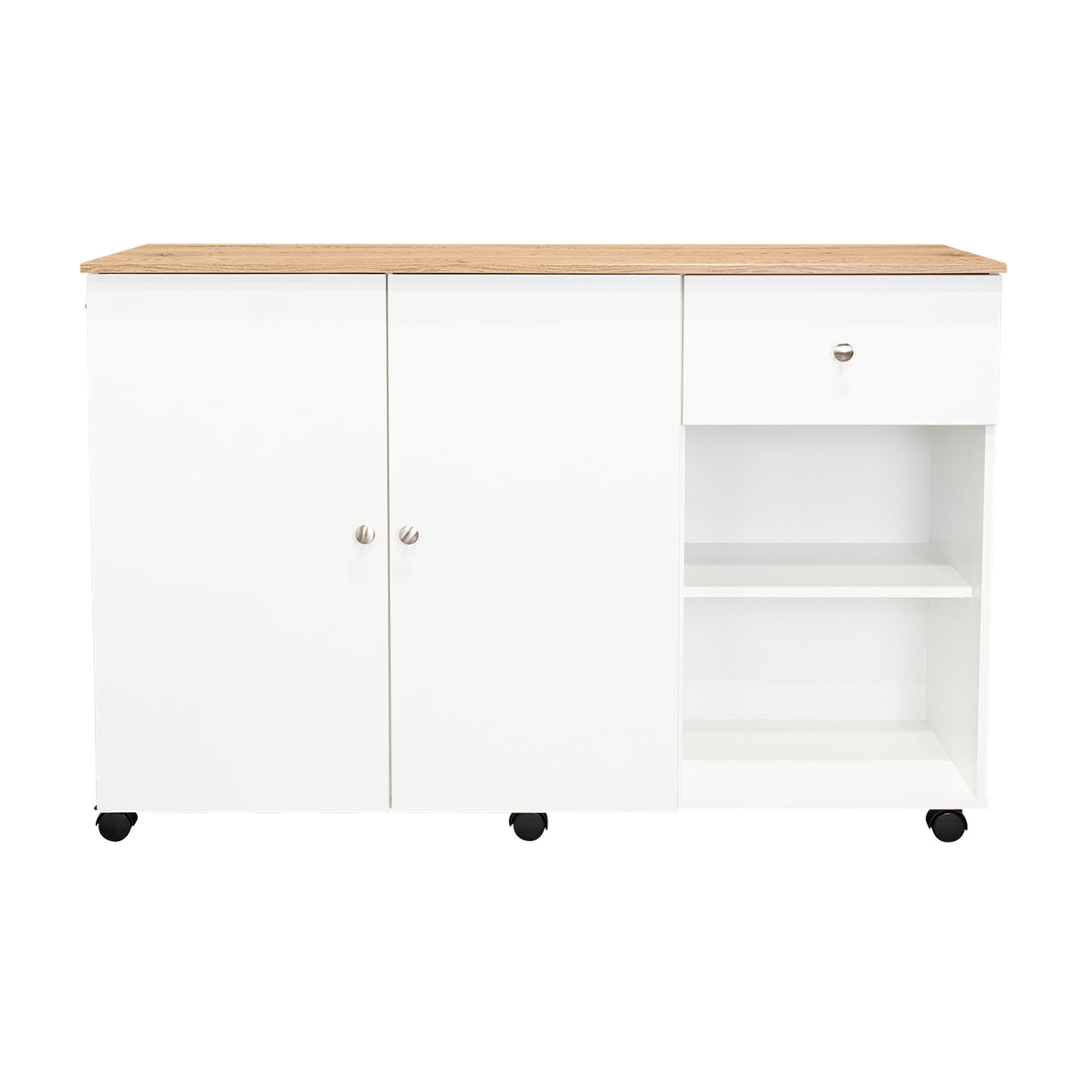 Isla de Cocina Movibasic 136x92cm Blanco con Entrepaños y Rodachinas - Barras y Muebles Auxiliares | Bylmo