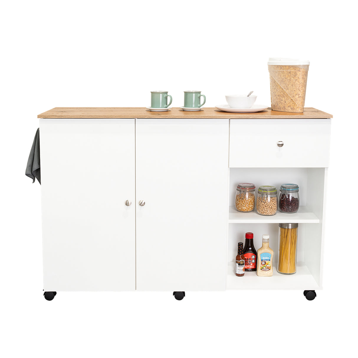 Isla de Cocina Movibasic 136x92cm Blanco con Entrepaños y Rodachinas - Barras y Muebles Auxiliares | Bylmo