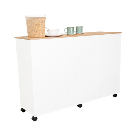 Isla de Cocina Movibasic 136x92cm Blanco con Entrepaños y Rodachinas - Barras y Muebles Auxiliares | Bylmo