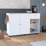Isla de Cocina Movibasic 136x92cm Blanco con Entrepaños y Rodachinas - Barras y Muebles Auxiliares | Bylmo