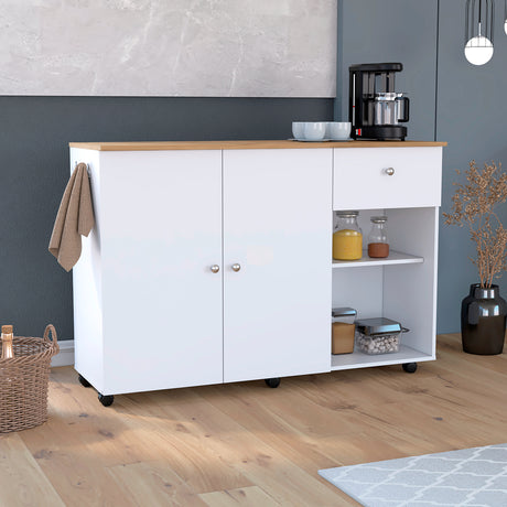 Isla de Cocina Movibasic 136x92cm Blanco con Entrepaños y Rodachinas - Barras y Muebles Auxiliares | Bylmo