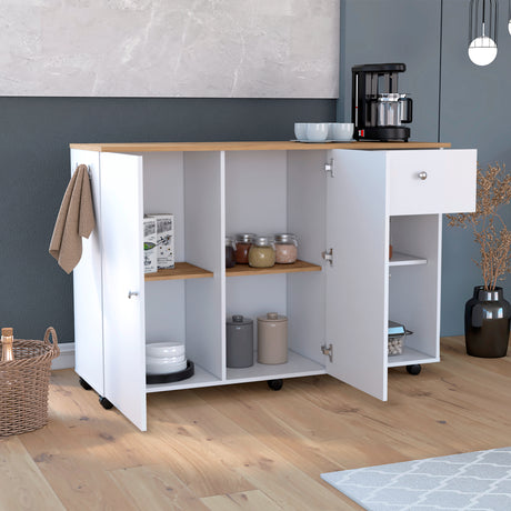 Isla de Cocina Movibasic 136x92cm Blanco con Entrepaños y Rodachinas - Barras y Muebles Auxiliares | Bylmo