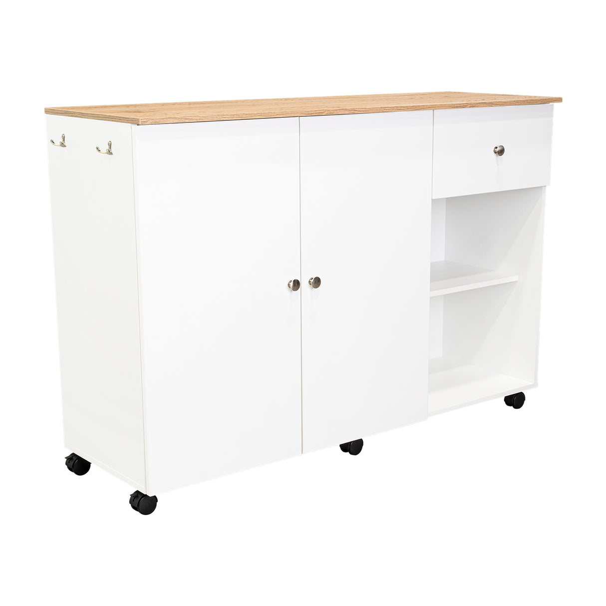 Isla de Cocina Movibasic 136x92cm Blanco con Entrepaños y Rodachinas - Barras y Muebles Auxiliares | Bylmo