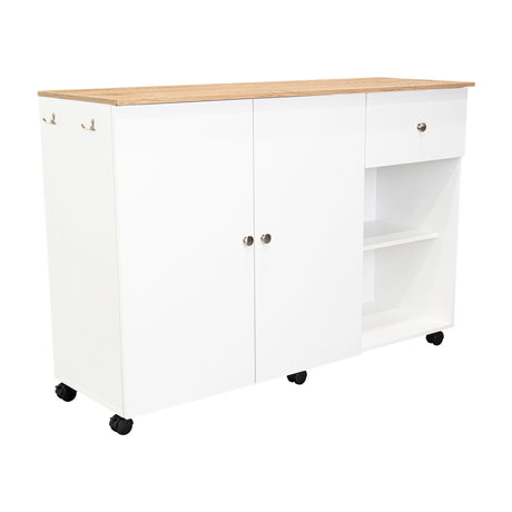 Isla de Cocina Movibasic 136x92cm Blanco con Entrepaños y Rodachinas - Barras y Muebles Auxiliares | Bylmo