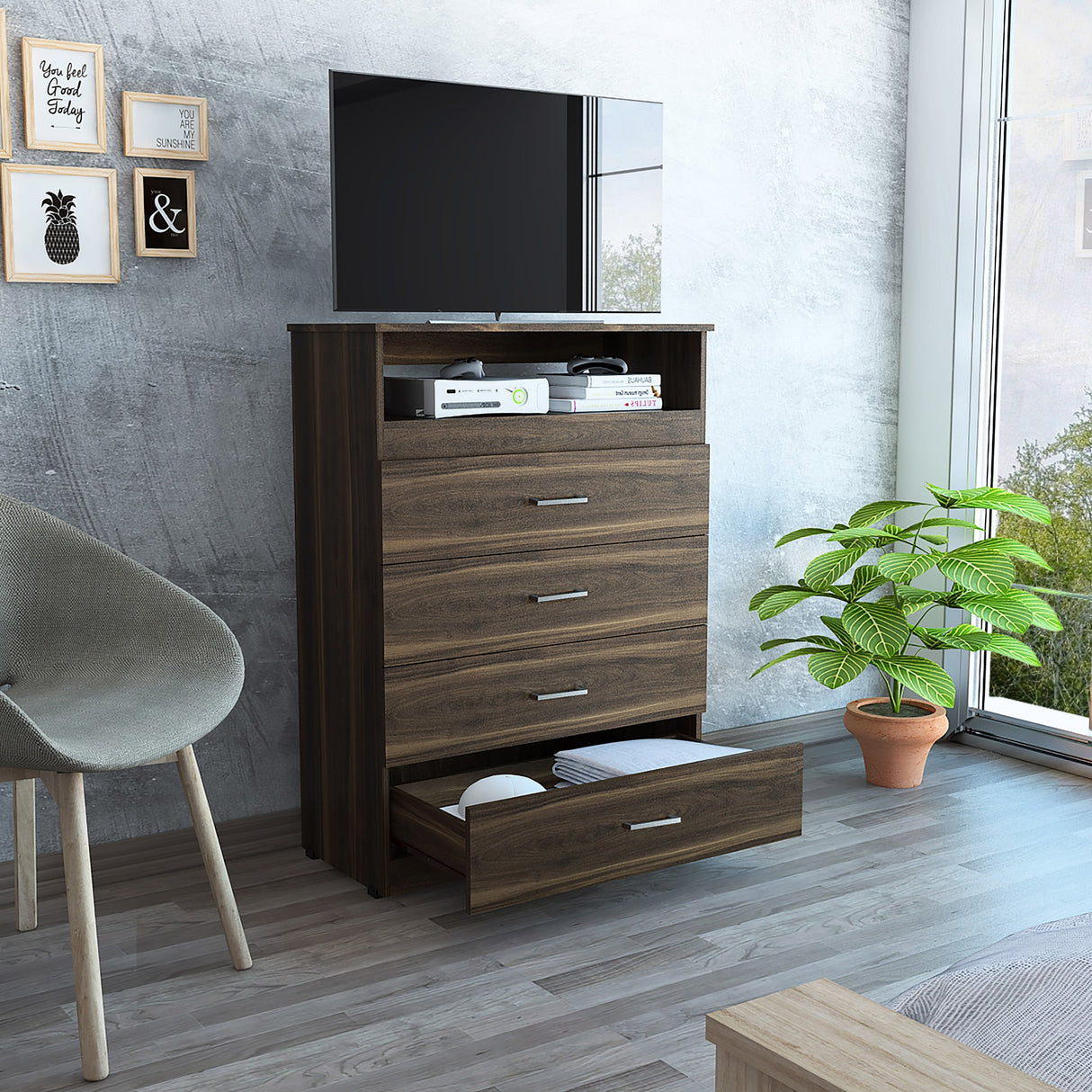 Cómoda Zevenei Habano 80x109.8cm con Cuatro Cajones para TV Hasta 40 Pulgadas - Cajoneras y Comodas | Bylmo