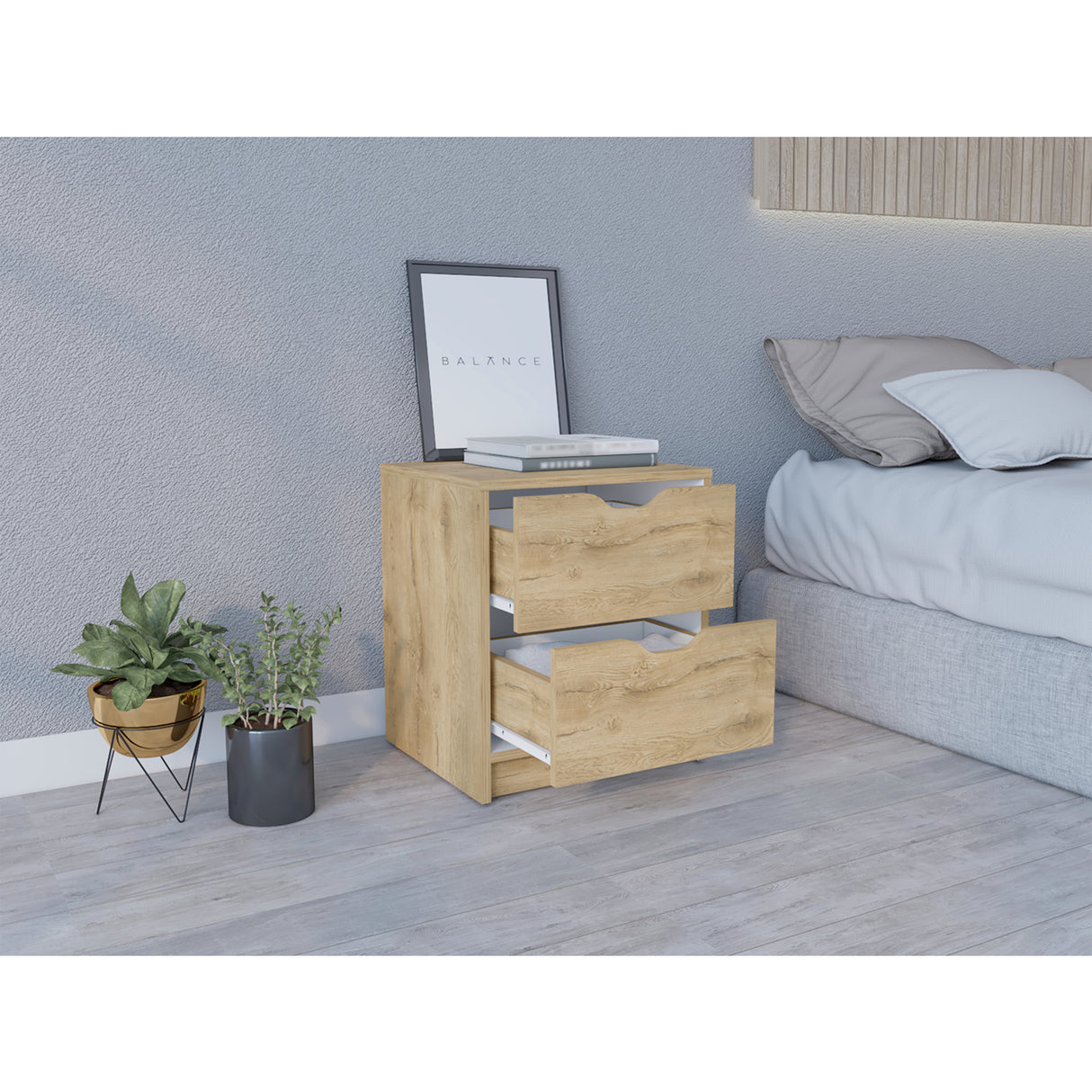 Mesa de Noche Basilea Macadamia 41x48cm con Dos Cajones - Mesas de Noche | Bylmo