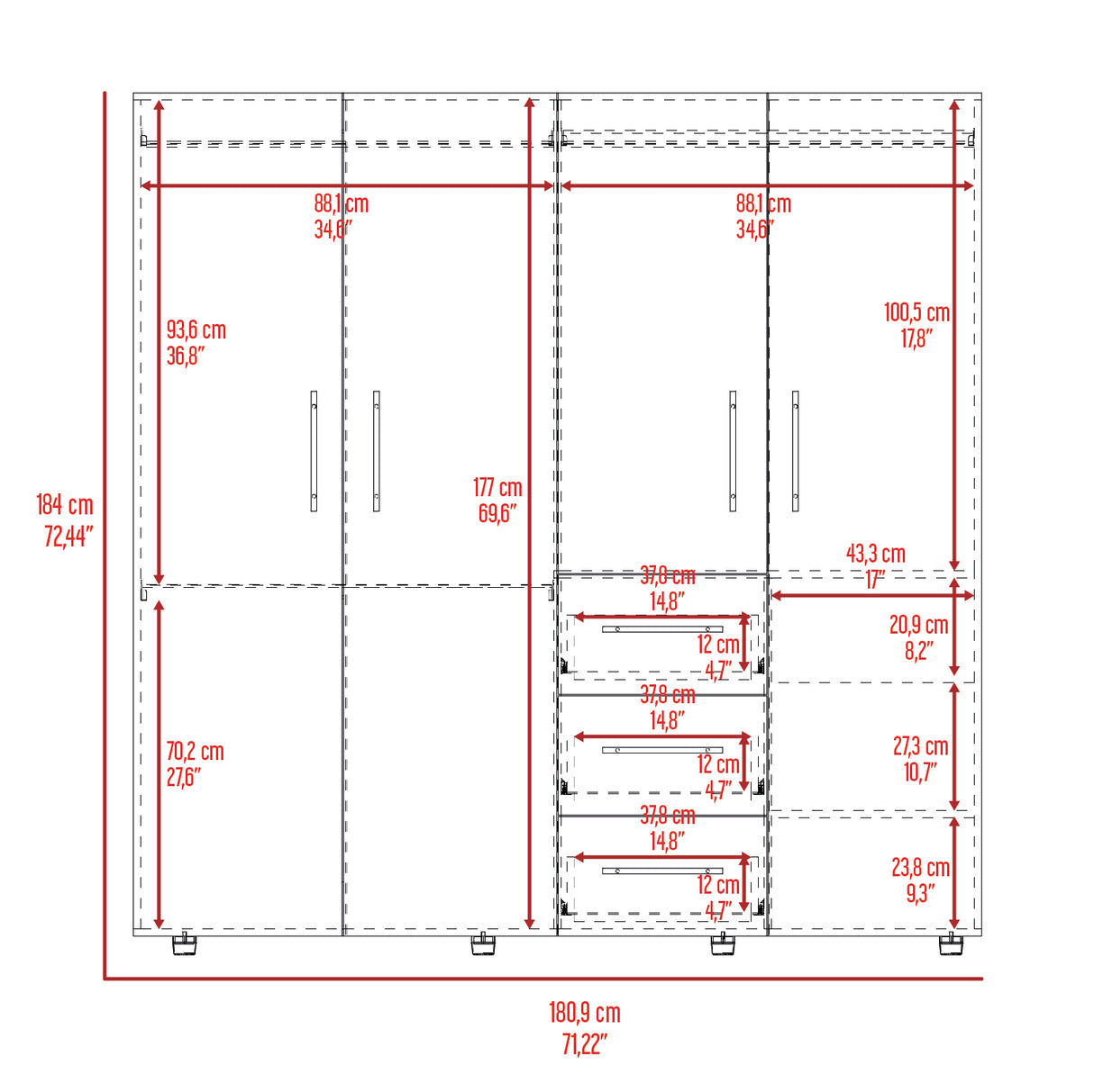 Closet Harlem Bellota 181x184cm con Tres Cajones - Closets | Bylmo