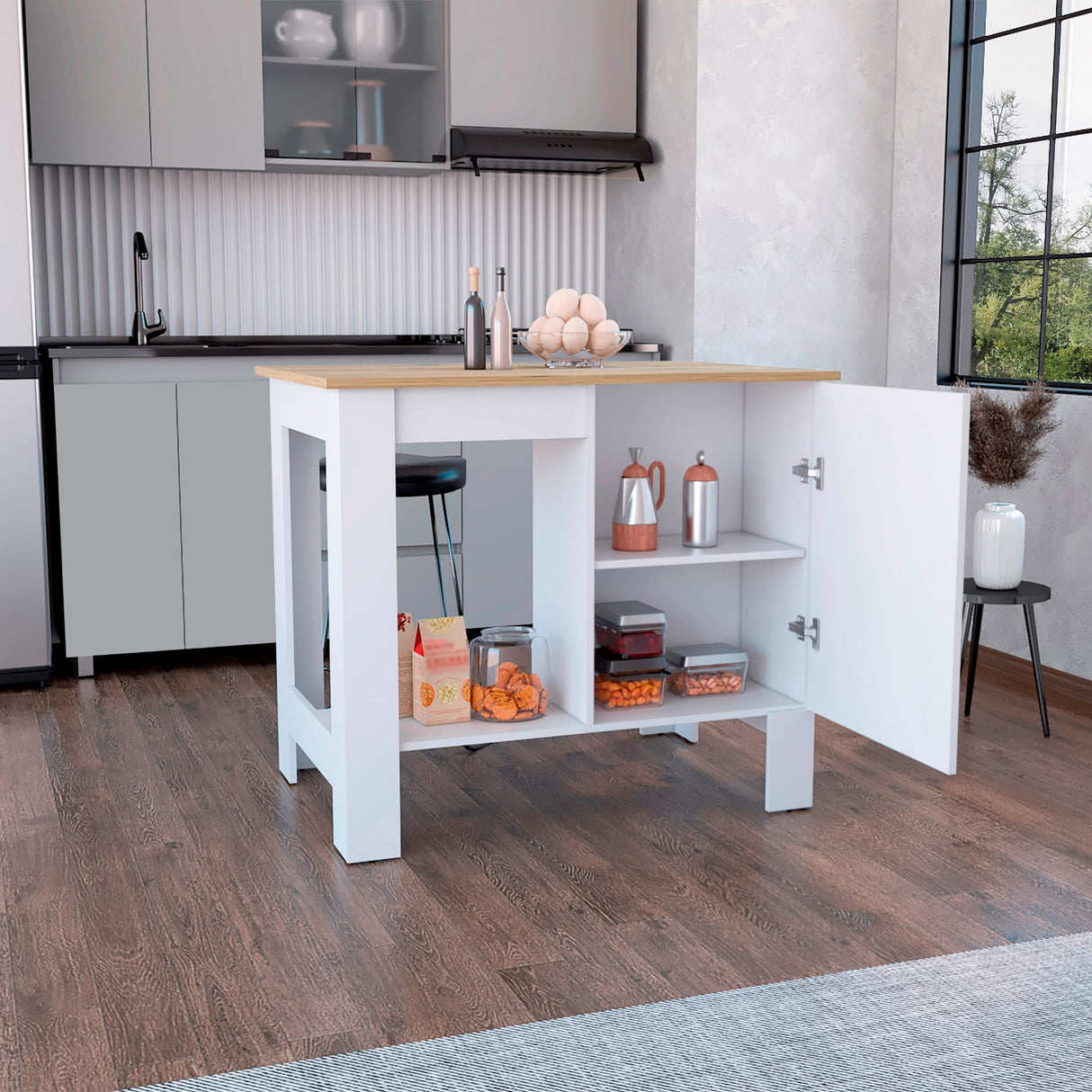 Isla de Cocina Atenea Blanco 103x90cm con Compartimiento y Entrepaños - Barras y Muebles Auxiliares | Bylmo