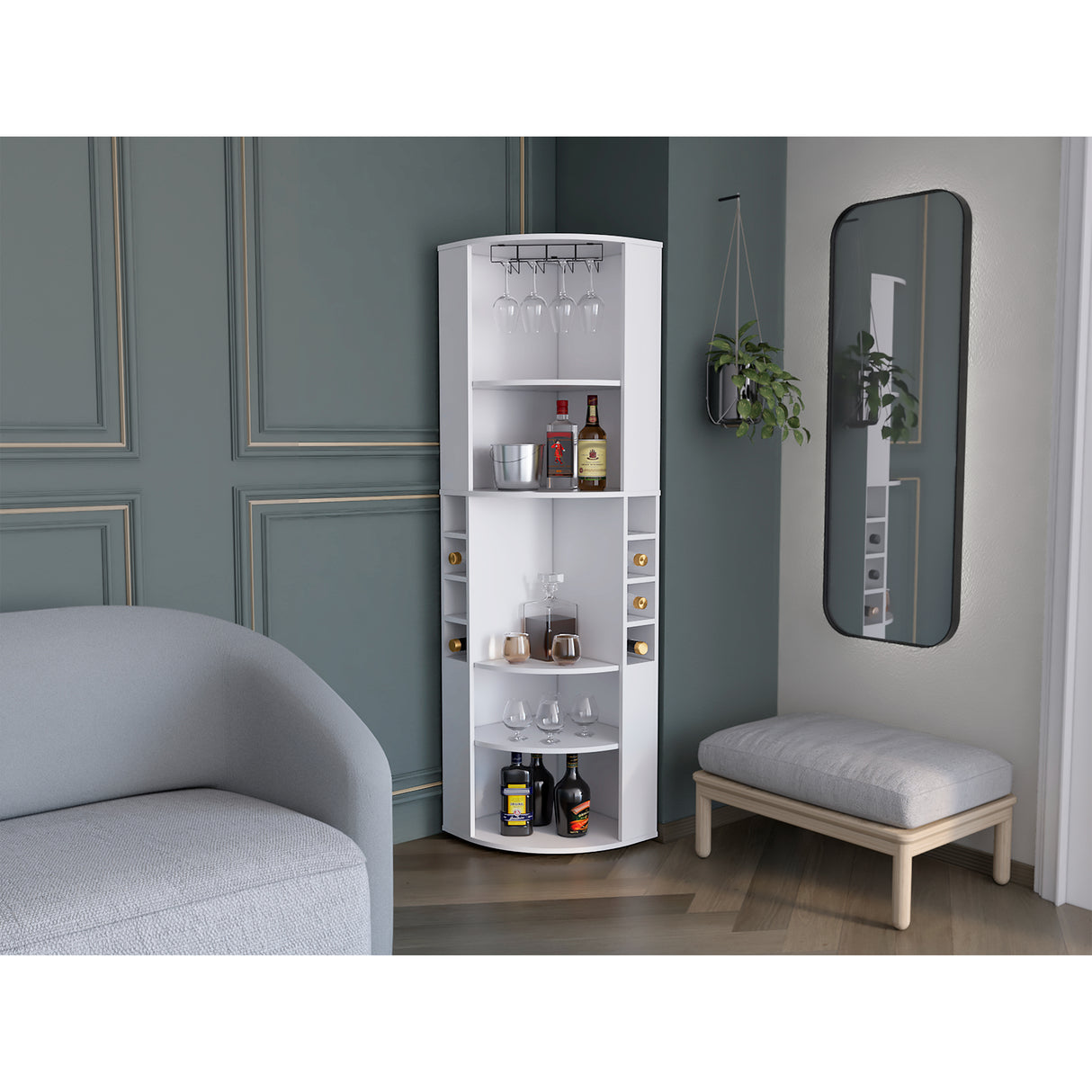 Bar Esquinero Oban Blanco 47.1x180cm con Portacopasy Portabotellas - Bares | Bylmo