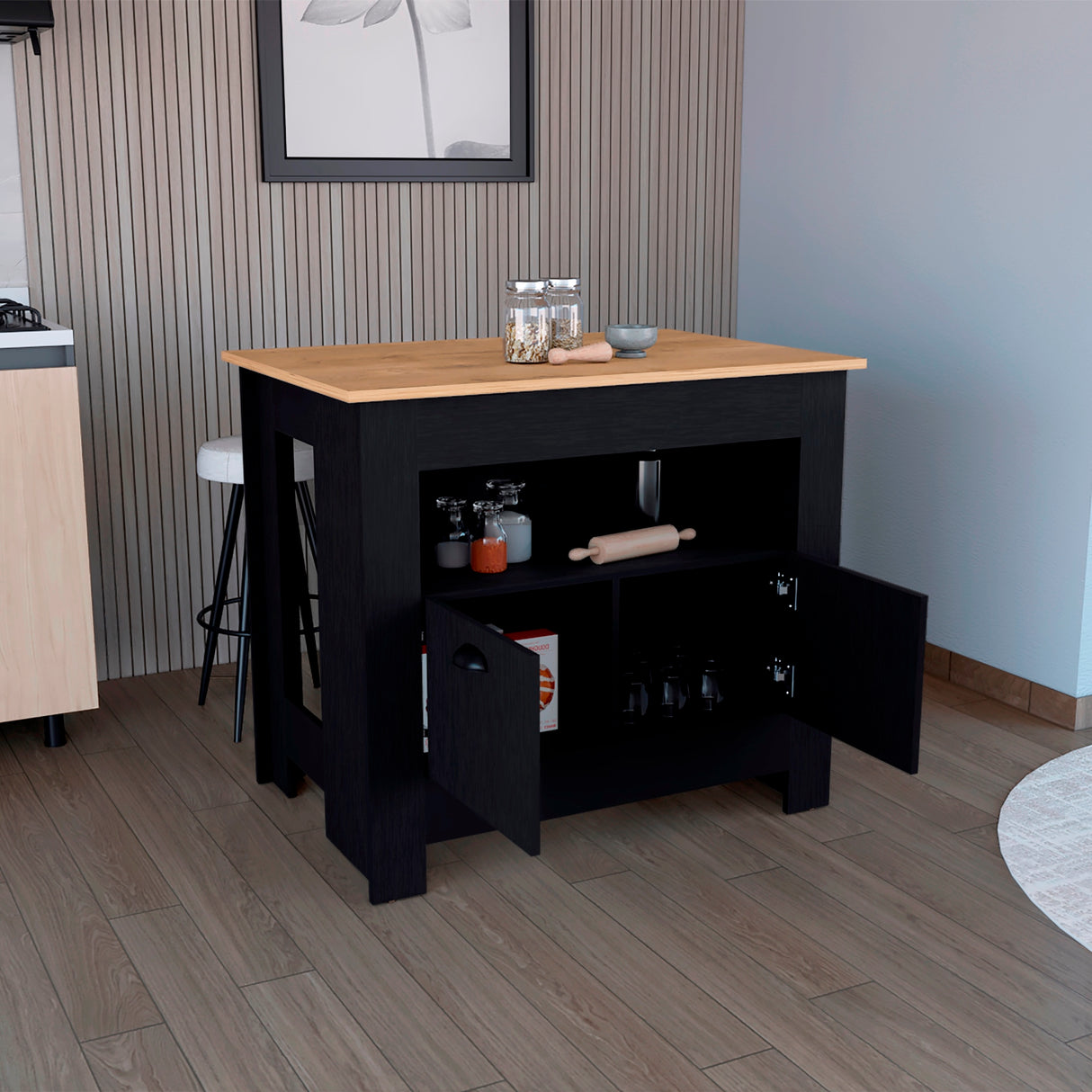 Isla de Cocina Arlet Wengue 103x89.9cm con Entrepaños y Compartimientos - Barras y Muebles Auxiliares | Bylmo