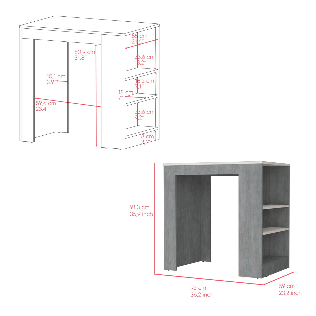 Isla de Cocina Portree Cemento 92x91.3cm con Dos Entrepaños - Barras y Muebles Auxiliares | Bylmo