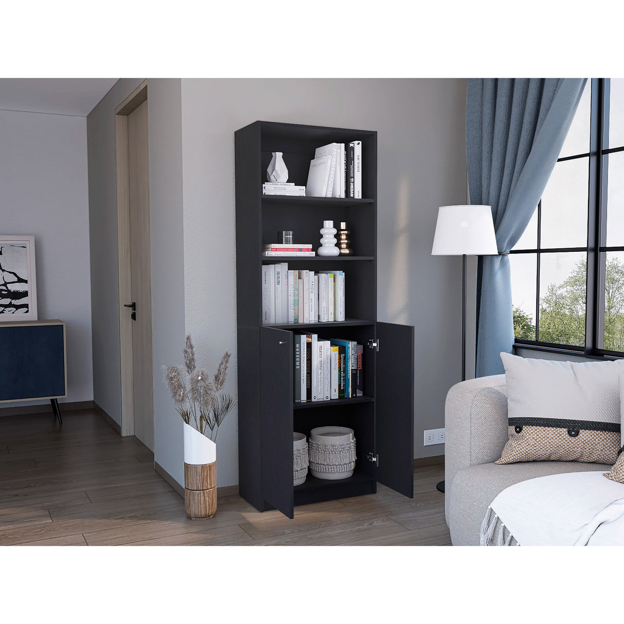 Estantería Home Wengue 62.8x180.6cm con Puertas y Cuatro Entrepaños - Bibliotecas y Estanterías | Bylmo