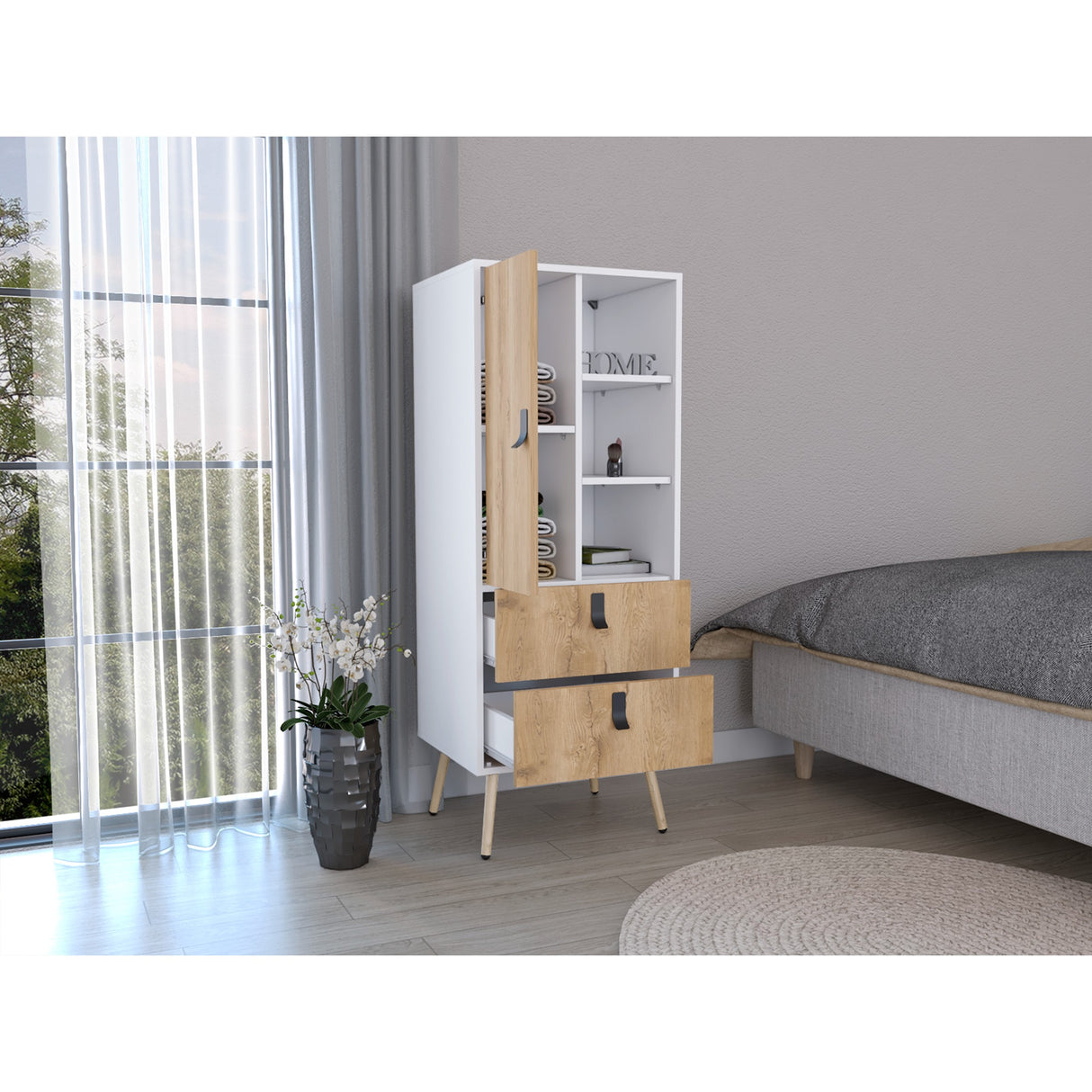 Cómoda Alta Huna Macadamia 51x131cm con Dos Cajones - Cajoneras y Comodas | Bylmo