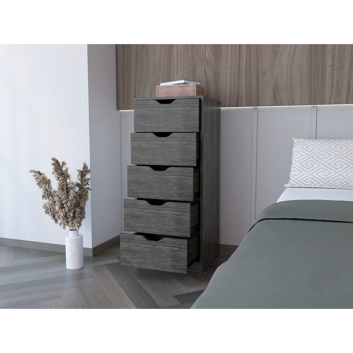 Cómoda Basilea Roble Gris 45x107.8cm con Cinco Cajones - Cajoneras y Comodas | Bylmo