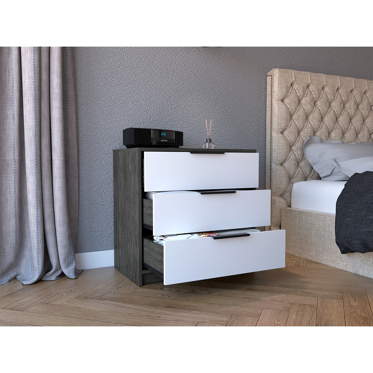 Cómoda Kaia Roble Gris 70x68.7cm Con Tres Cajones - Cajoneras y Comodas | Bylmo