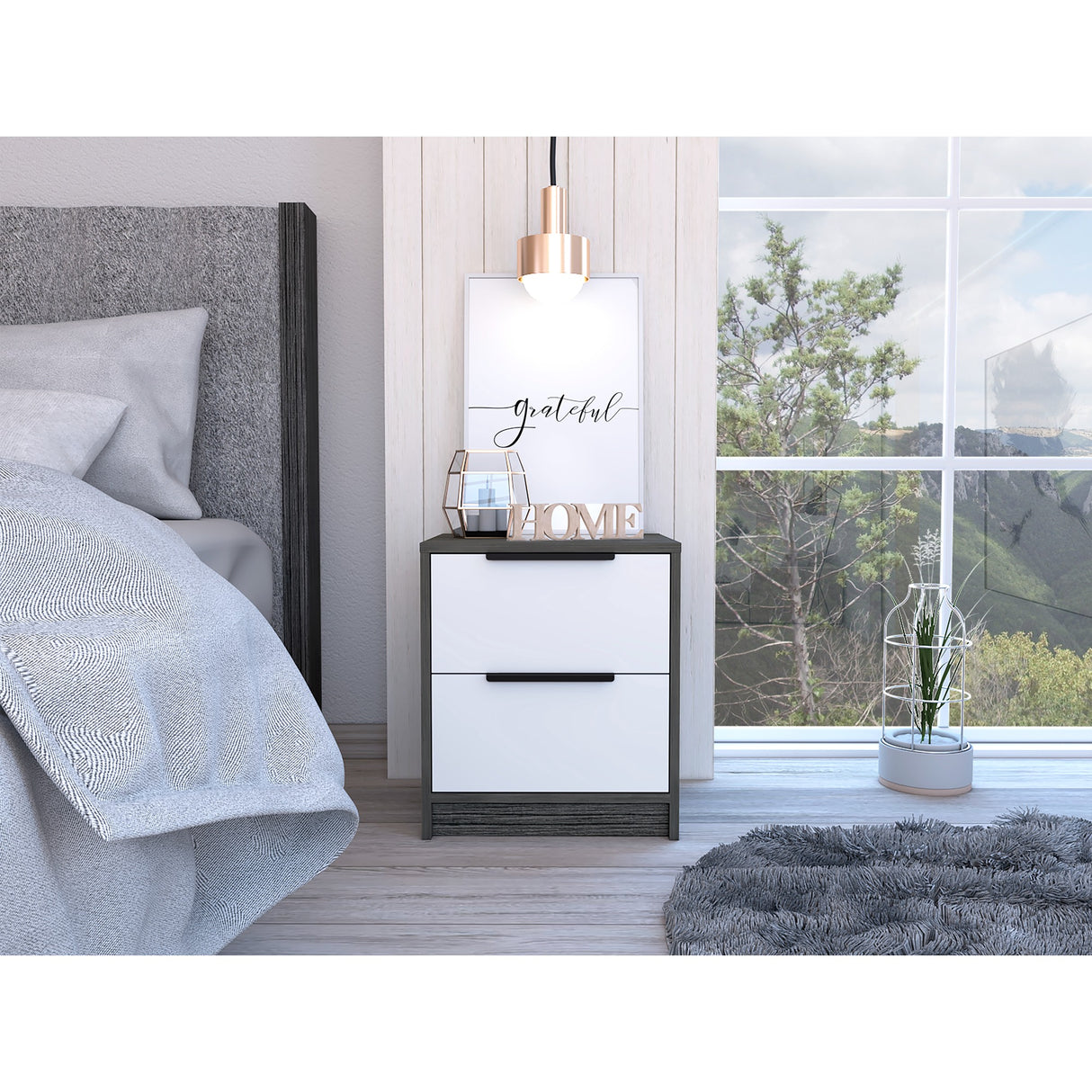 Mesa de Noche Kaia Roble Gris 41x48cm con Dos Cajones - Mesas de Noche | Bylmo