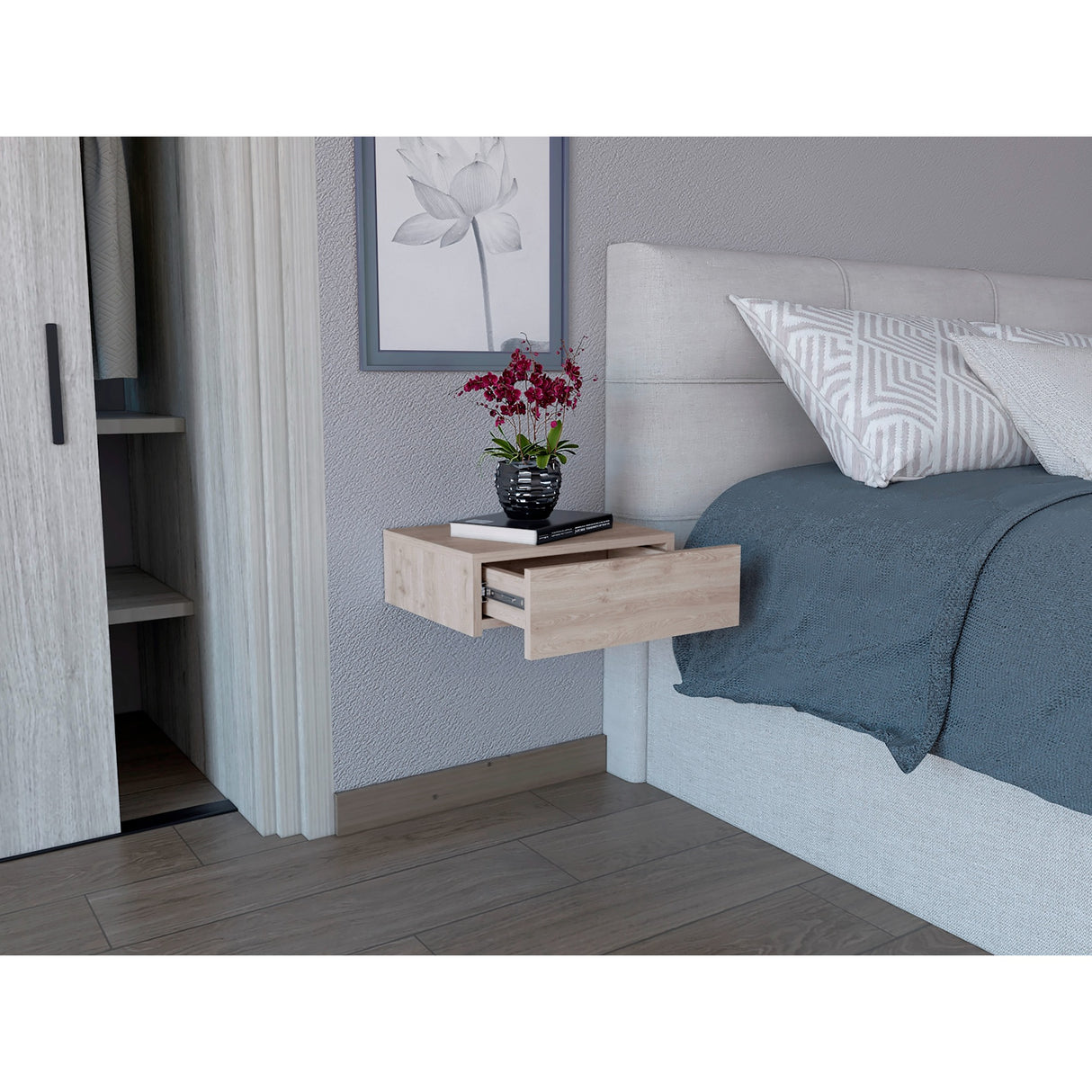 Mesa de Noche Milano Ceniza 40x13cm Flotante con Un Cajón - Mesas de Noche | Bylmo