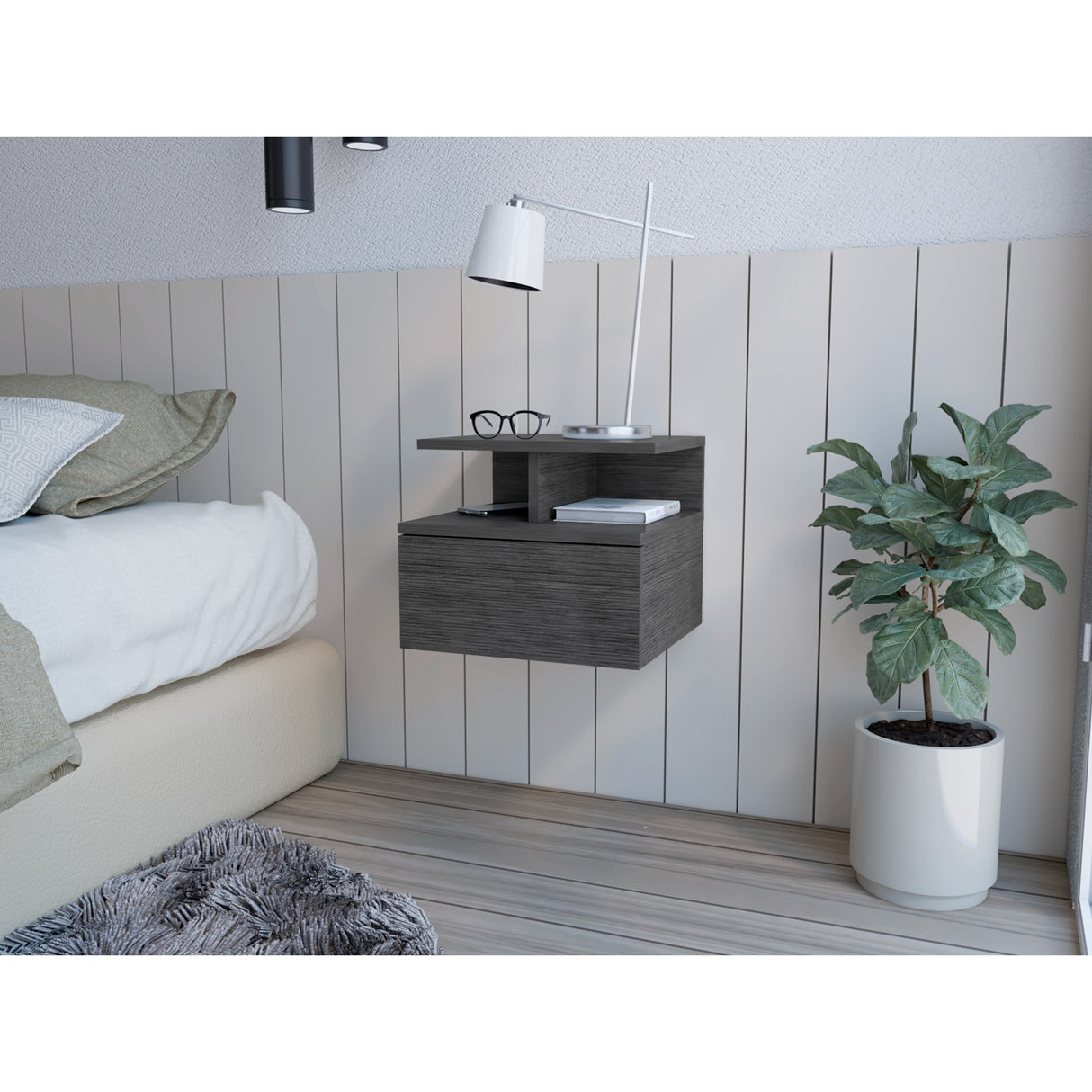 Mesa de Noche Sleep V Roble Gris 35.6x29.5 cm Flotante con Un Cajón - Mesas de Noche | Bylmo