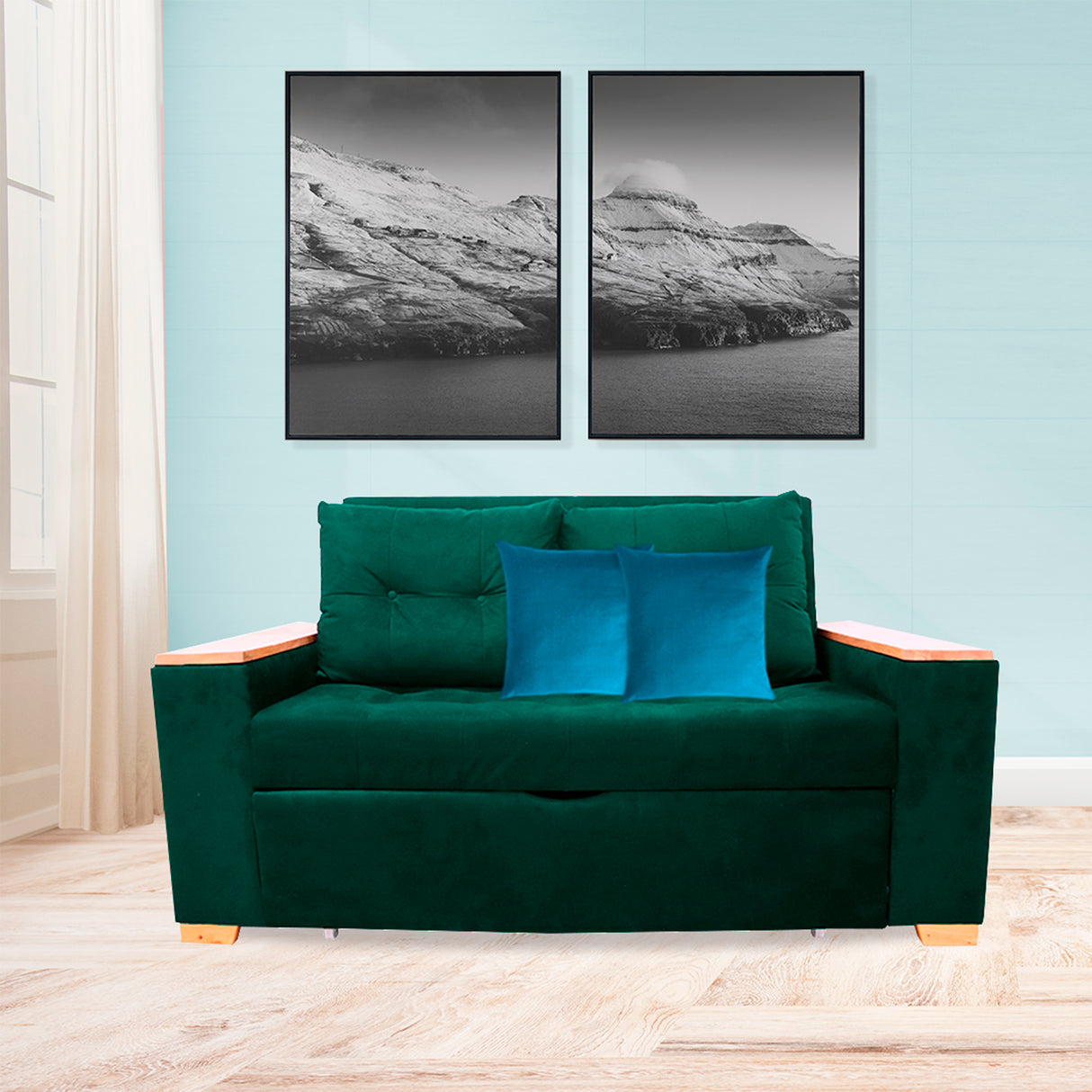 Sofá Cama Weber Verde 180x90cm con Cuatro Cojines - Sofas y Poltronas | Bylmo