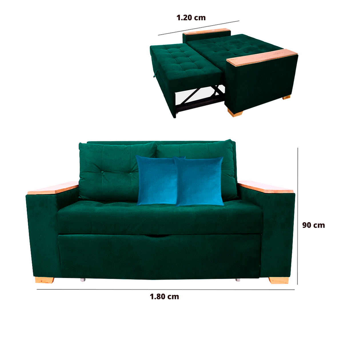 Sofá Cama Weber Verde 180x90cm con Cuatro Cojines - Sofas y Poltronas | Bylmo