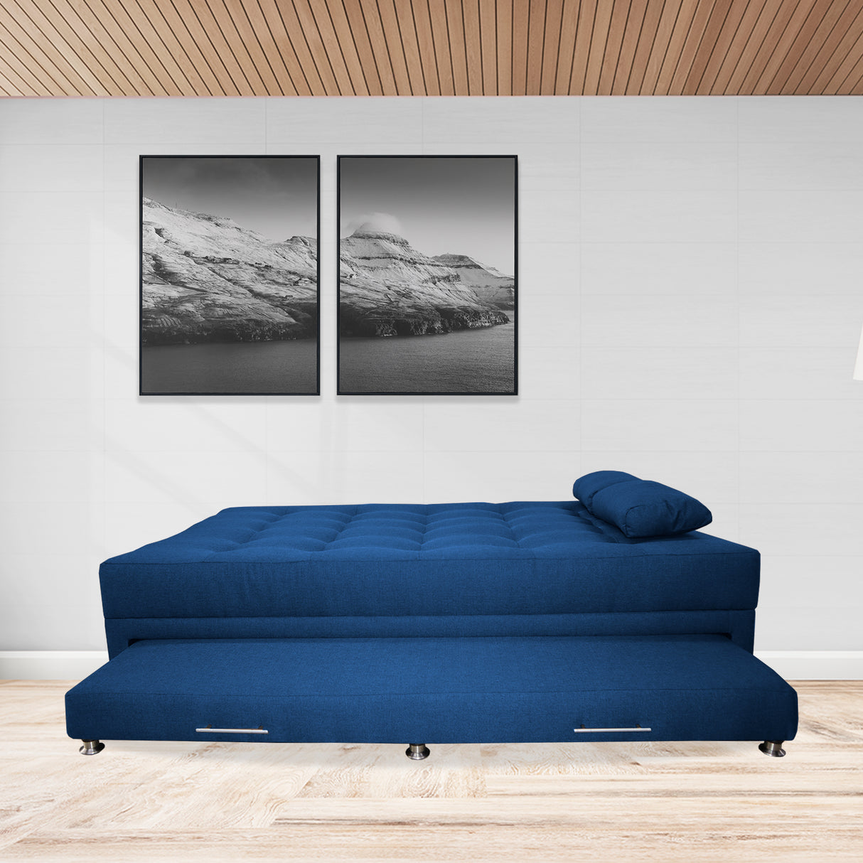 Sofá Cama Portmann Azul Petróleo 190x95cm con Cuatro Cojines - Sofas y Poltronas | Bylmo