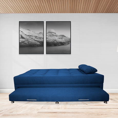 Sofá Cama Portmann Azul Petróleo 190x95cm con Cuatro Cojines - Sofas y Poltronas | Bylmo