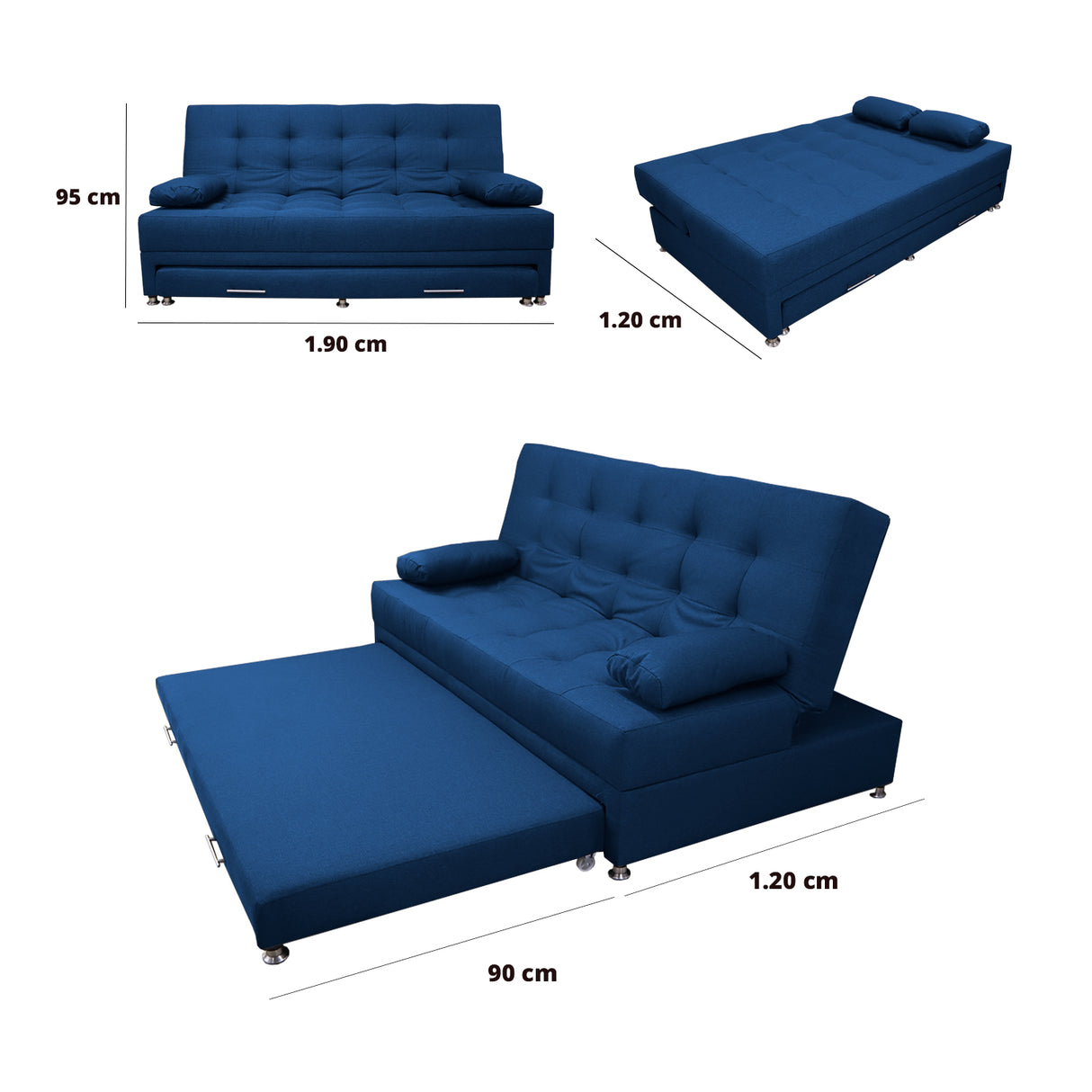 Sofá Cama Portmann Azul Petróleo 190x95cm con Cuatro Cojines - Sofas y Poltronas | Bylmo