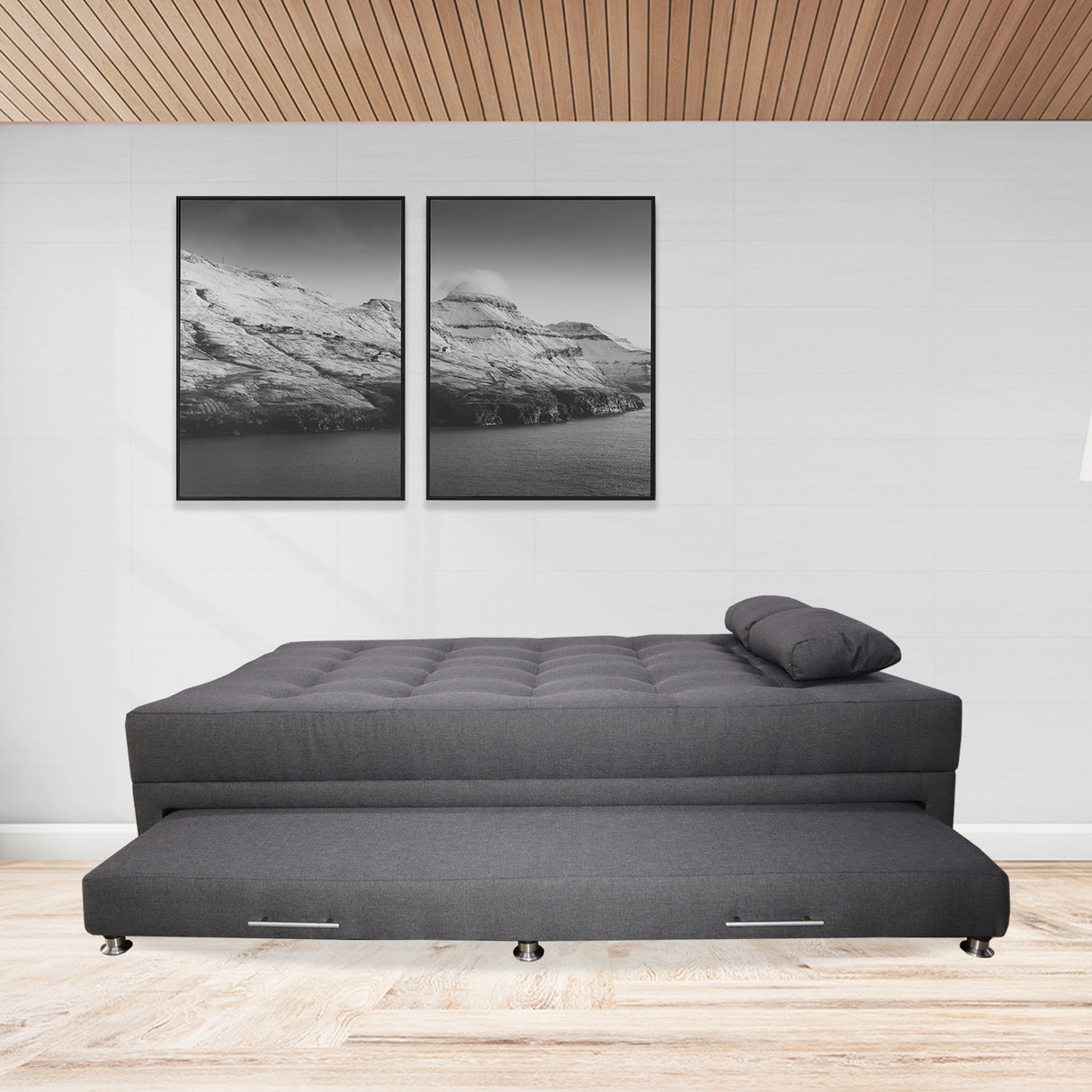 Sofá Cama Portmann Gris 190x95cm con Cuatro Cojines - Sofas y Poltronas | Bylmo