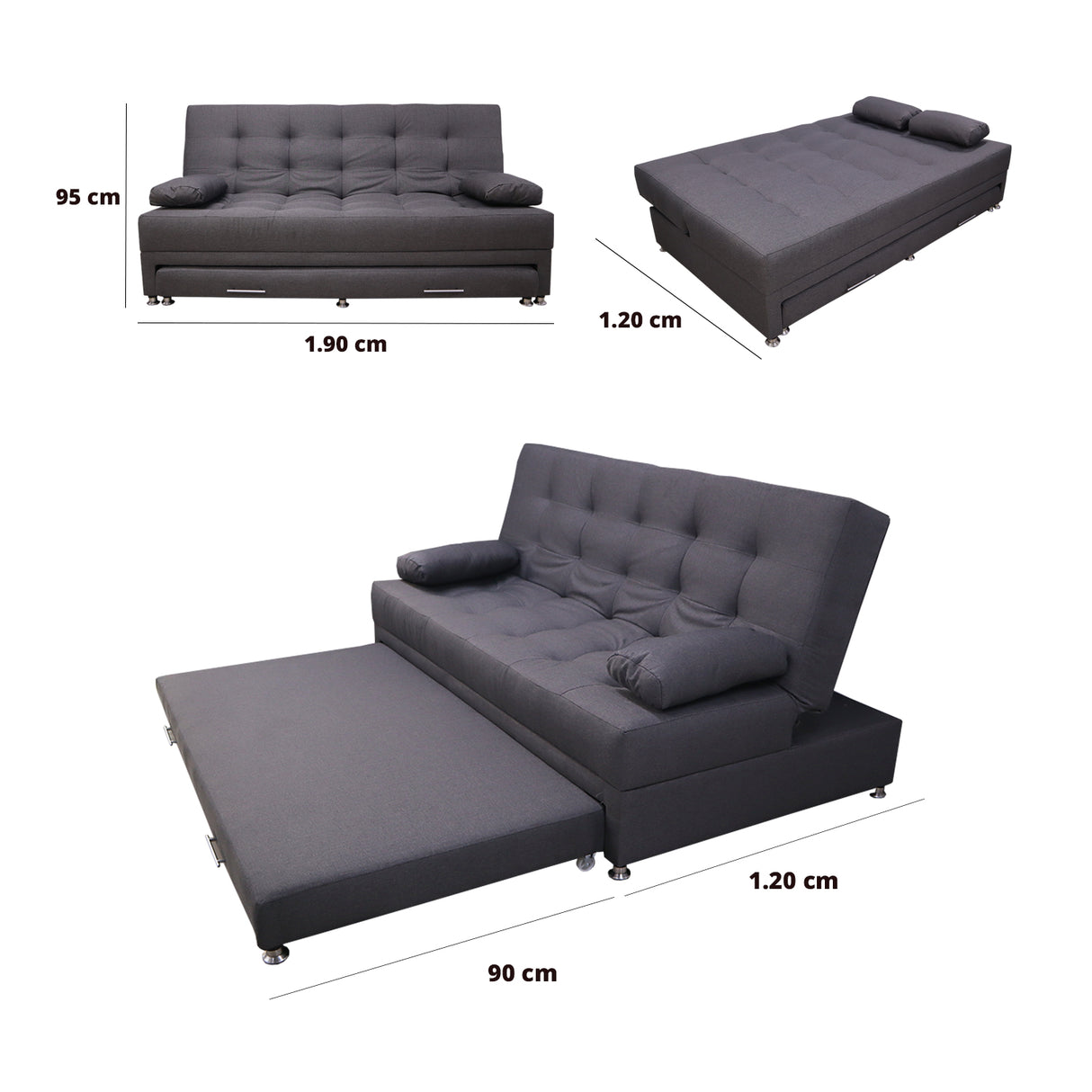 Sofá Cama Portmann Gris 190x95cm con Cuatro Cojines - Sofas y Poltronas | Bylmo