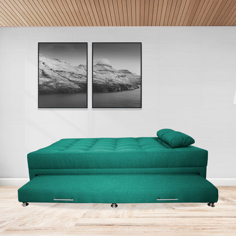 Sofá Cama Portmann Verde 190x95cm con Cuatro Cojines - Sofas y Poltronas | Bylmo