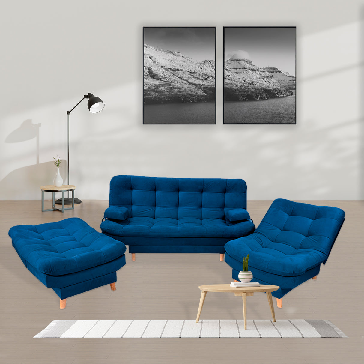 Sala Clic Clac Keller Azul Petróleo 175x90cm con Dos Sillas Clic Clac y Un Sofá Cama - Sofas y Poltronas | Bylmo