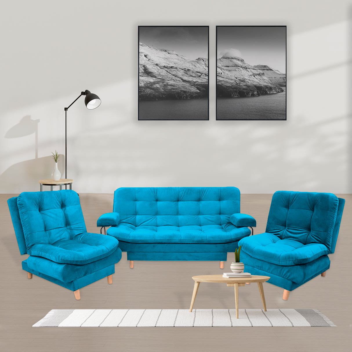Sala Clic Clac Keller Turquesa 175x90cm con Dos Sillas Clic Clac y Un Sofá Cama - Sofas y Poltronas | Bylmo
