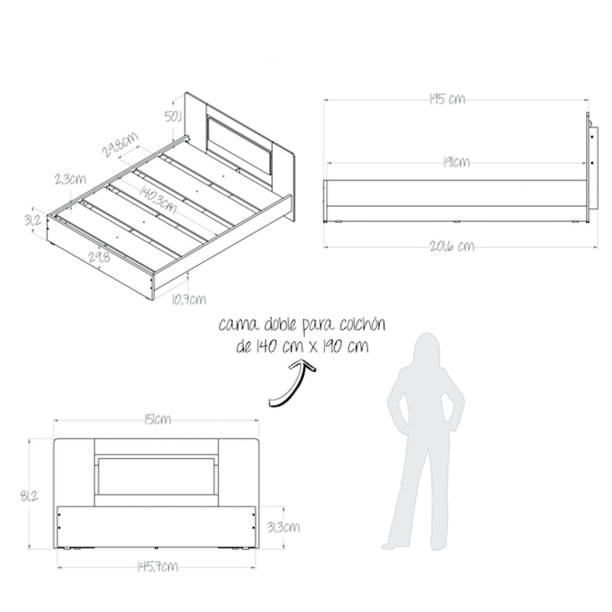 Combo Cama y Mesas de Noche Double Life Wengue 151x81.2cm para Cama Doble 140x190cm - CAMAS | Bylmo