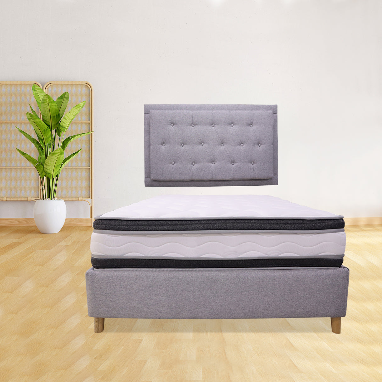 Combo Base Cama y Colchón Blaser Gris Claro 140x190cm Doble con Espaldar - Camas | Bylmo