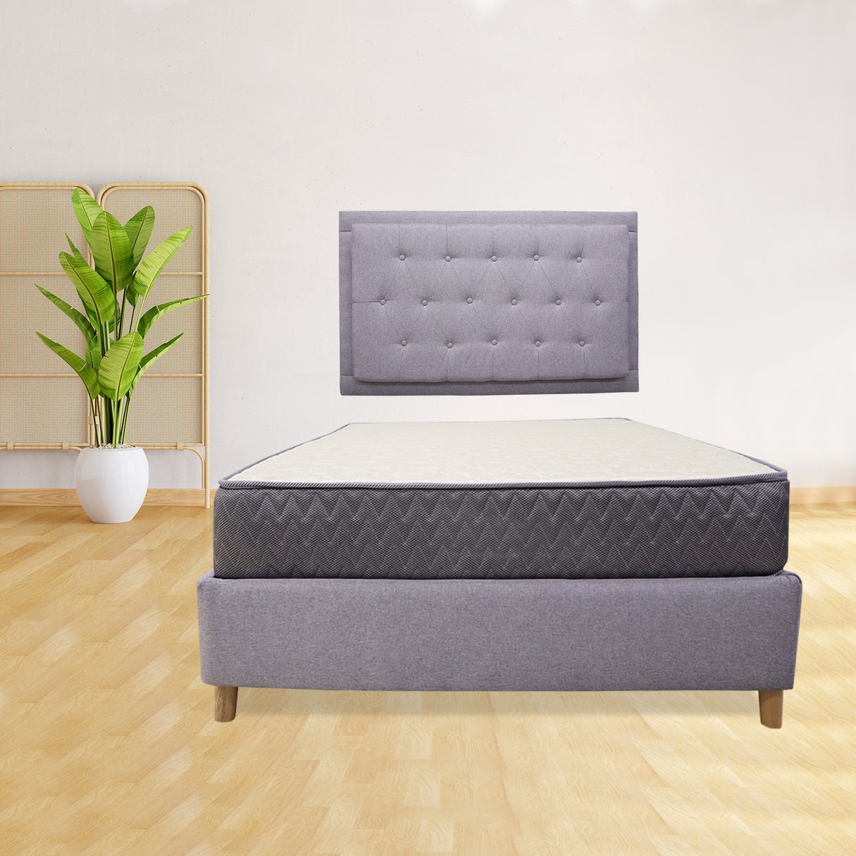 Combo Base Cama y Colchón Tanner Gris Claro 140x190cm Doble con Espaldar - Camas | Bylmo