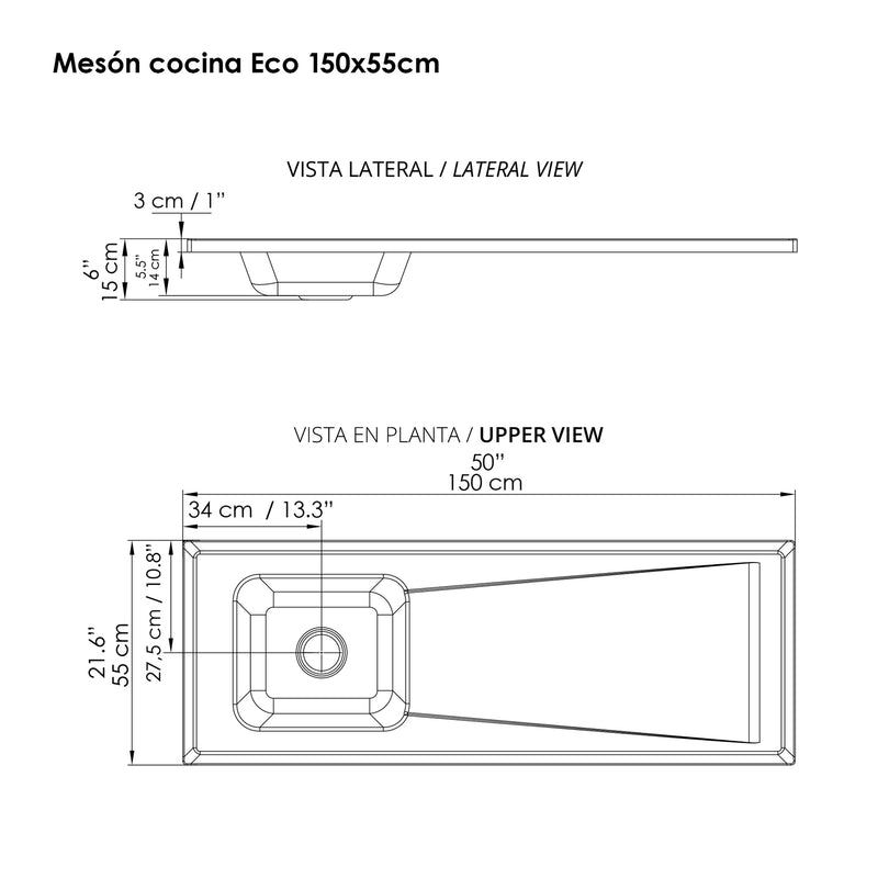 Mesón De Cocina Eco Blanco Brillante 150x15cm Con Pozuelo Para Lado Izquiedo