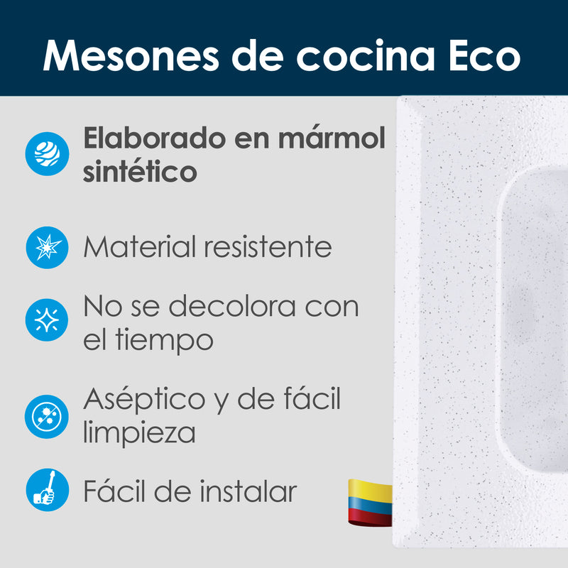 Mesón De Cocina Eco Blanco Brillante 150x15cm Con Pozuelo Para Lado Izquiedo