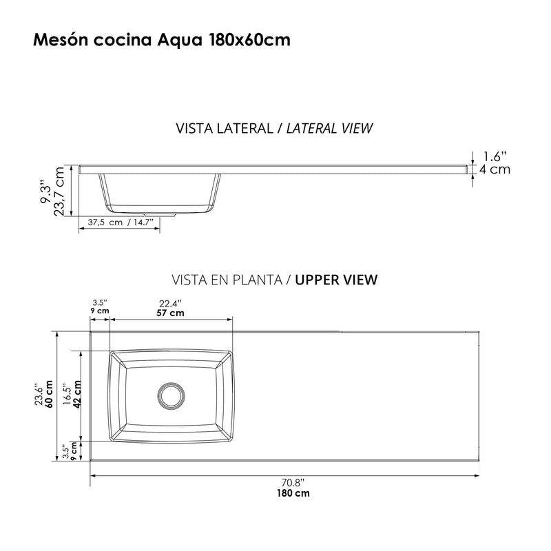 Mesón De Cocina Aqua Blanco Brillante 180x23cm Con Pozuelo Para Lado Izquiedo