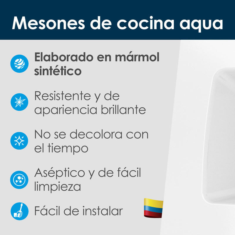 Mesón De Cocina Aqua Blanco Brillante 180x23cm Con Pozuelo Para Lado Izquiedo