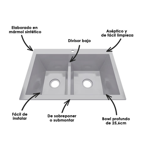 Lavaplatos Koa Doble Niebla Brillante 56x25.6cm Sobrepuesto - Lavaplatos | Bylmo